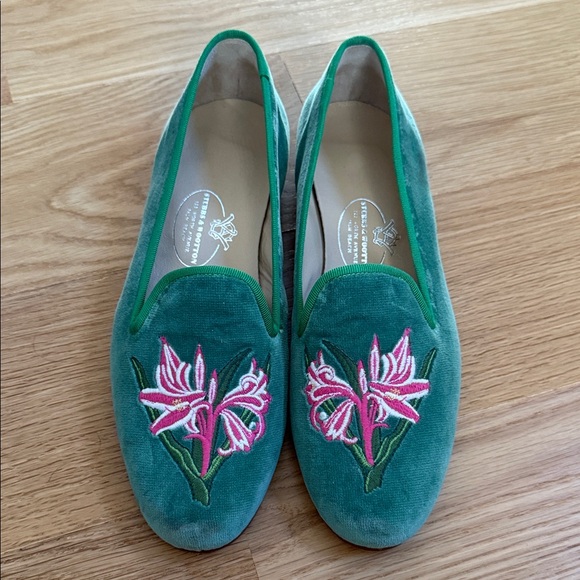 Stubbs & Wootton Green Velvet Floral Loafers